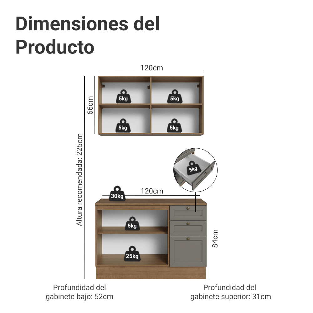 Cocina Compacta 120 cm 4 Puertas 3 Cajones Marrón/Gris Vik Madesa