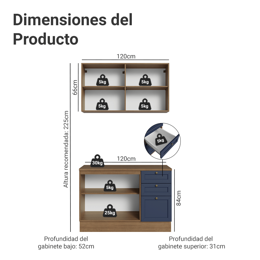 Cocina Compacta 120 cm 4 Puertas 3 Cajones Marrón/Azul Vik Madesa