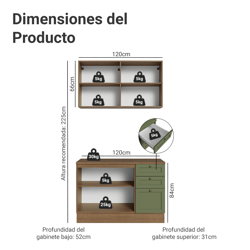 Cocina Compacta 120 cm 4 Puertas 3 Cajones Marrón/Verde Vik Madesa