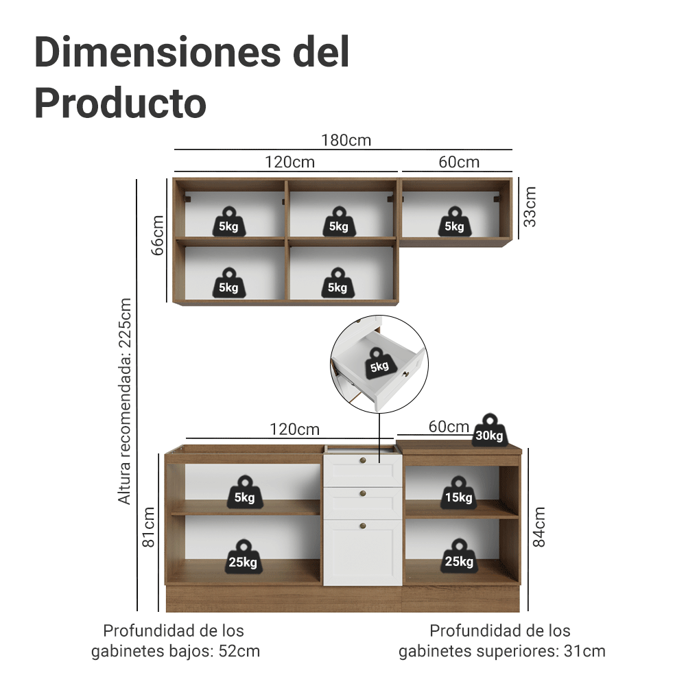 Cocina Compacta 180 cm 6 Puertas 3 Cajones Sin Mesada Marrón/Blanco Vik Madesa