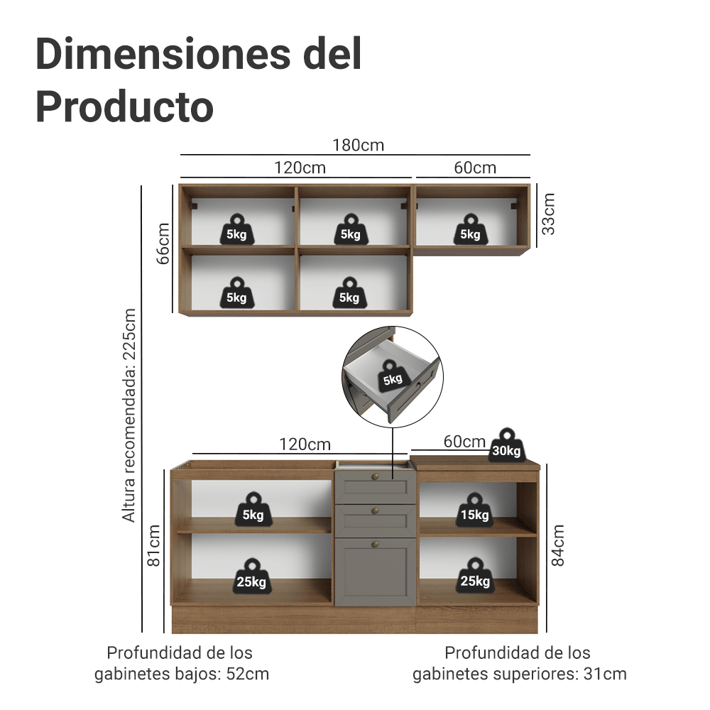 Cocina Compacta 180 cm Vik Marrón/Gris 01