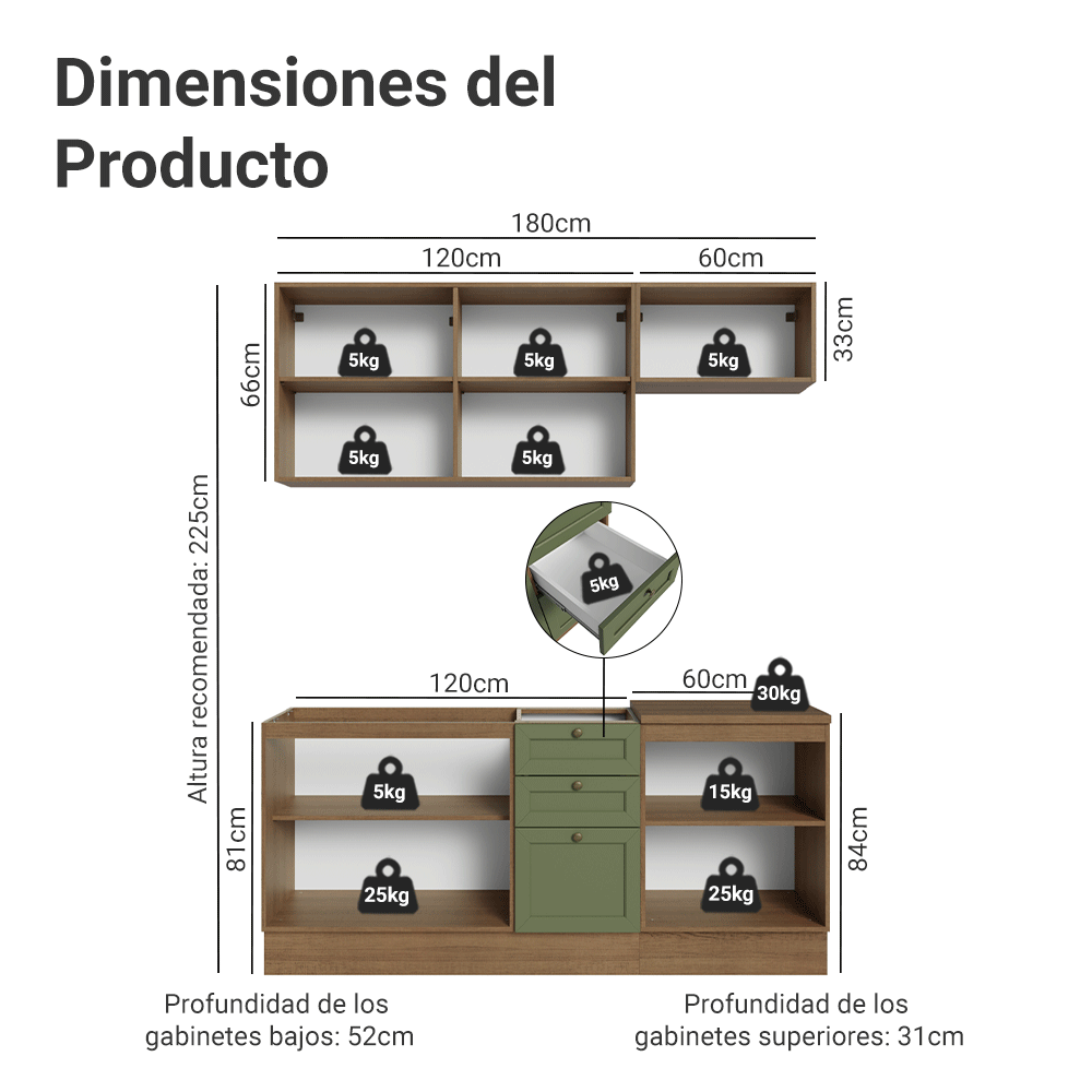 Cocina Compacta 180 cm Vik Marrón/Verde 01