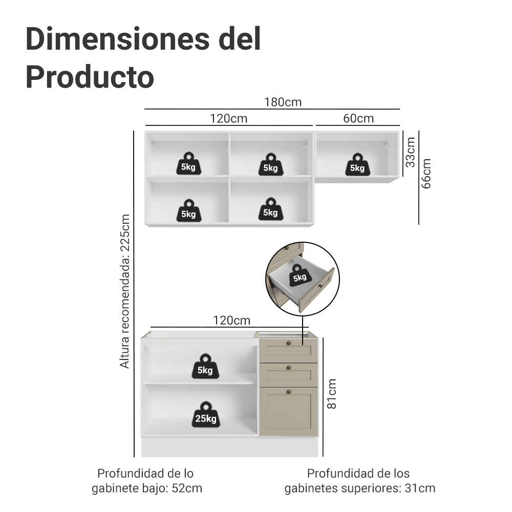 Combo de Cocina Compacta 180 cm Blanco/Crema Vik Madesa 02