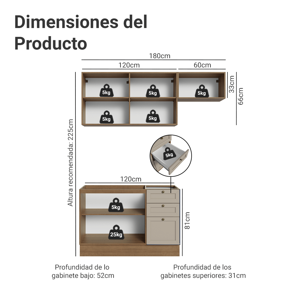 Combo de Cocina Compacta 180 cm Marrón/Crema Vik Madesa 02