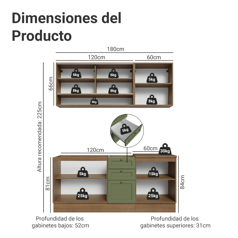 Cocina Compacta 180 cm 6 Puertas 3 Cajones Sin Mesada Marrón/Verde Vik Madesa 03