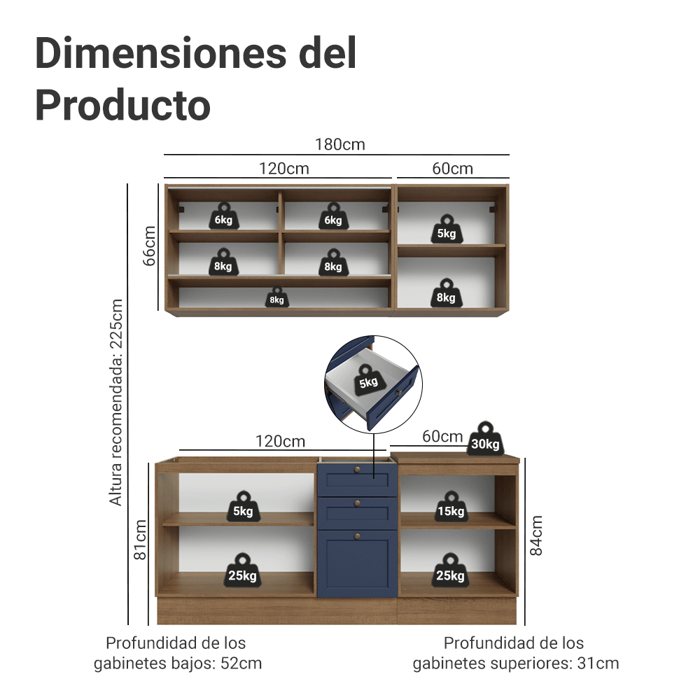 Cocina Compacta 180 cm 6 Puertas 3 Cajones Sin Mesada Marrón/Azul Vik Madesa