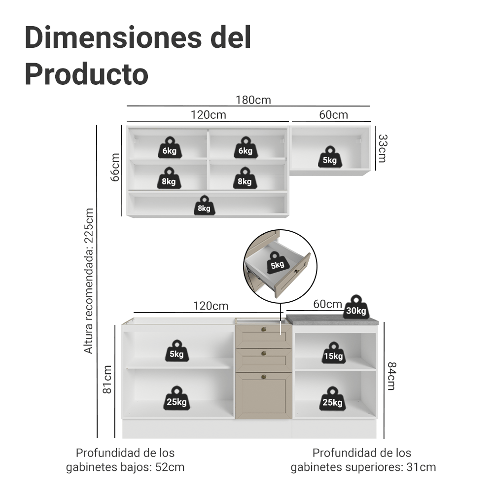 Combo de Cocina Compacta 180 cm Blanco/Crema Vik Madesa 05