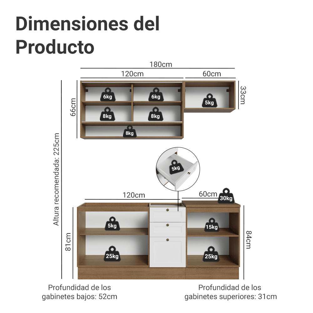 Cocina Compacta 180 cm 6 Puertas 3 Cajones Sin Mesada Marrón/Blanco Vik Madesa 05
