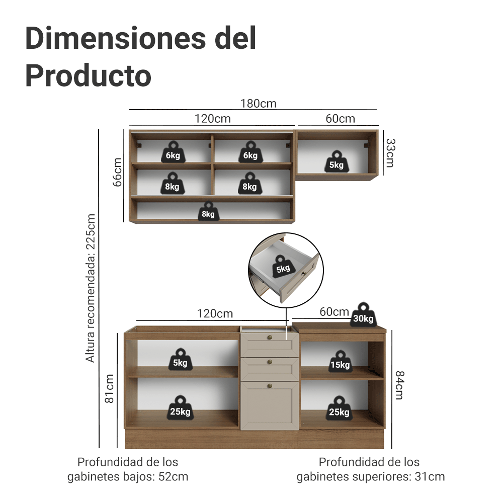 Cocina Compacta 180 cm 6 Puertas 3 Cajones Sin Mesada Marrón/Crema Vik Madesa 05