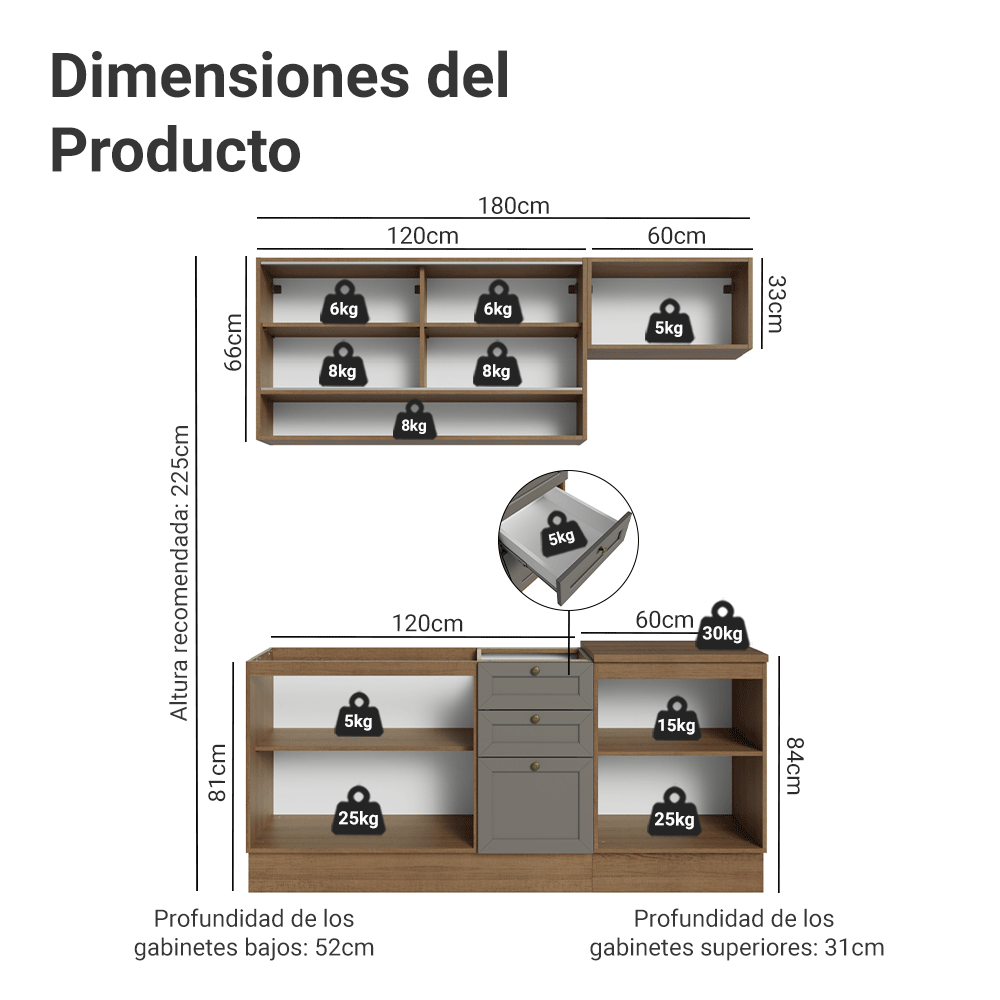 Cocina Compacta 180 cm 6 Puertas 3 Cajones Sin Mesada Marrón/Gris Vik Madesa 05