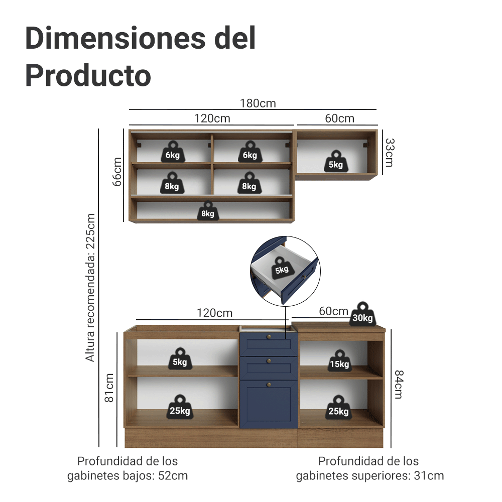 Cocina Compacta 180 cm 6 Puertas 3 Cajones Sin Mesada Marrón/Azul Vik Madesa 05