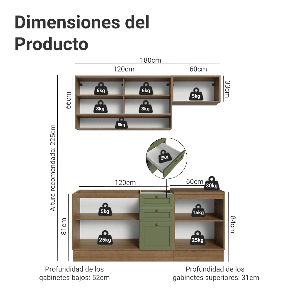 Cocina Compacta 180 cm 6 Puertas 3 Cajones Sin Mesada Marrón/Verde Vik Madesa 05