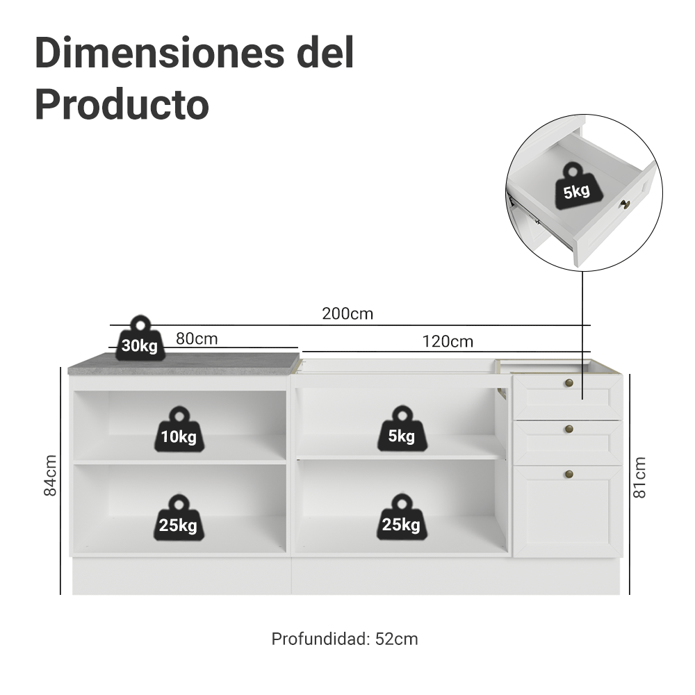 Kit 2 Bajo Mesadas con 3 Cajones 4 Puertas (Sin Mesada) Vik Blanco 01