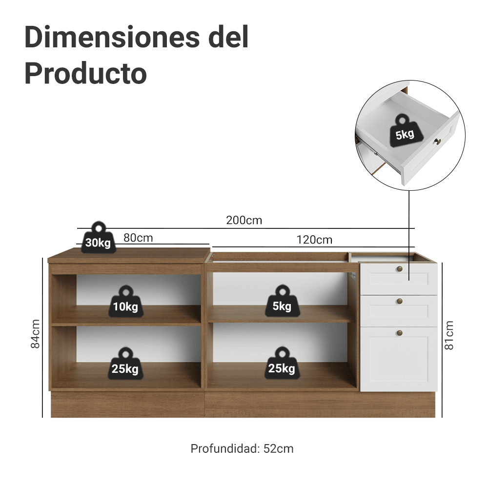 Kit 2 Bajo Mesadas con 3 Cajones 4 Puertas (Sin Mesada) Vik Marrón/Blanco 01