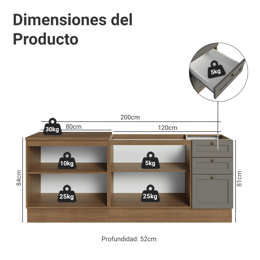 Cocina Compacta 200 cm 4 Puertas 3 Cajones Sin Mesada Marrón/Gris Vik Madesa