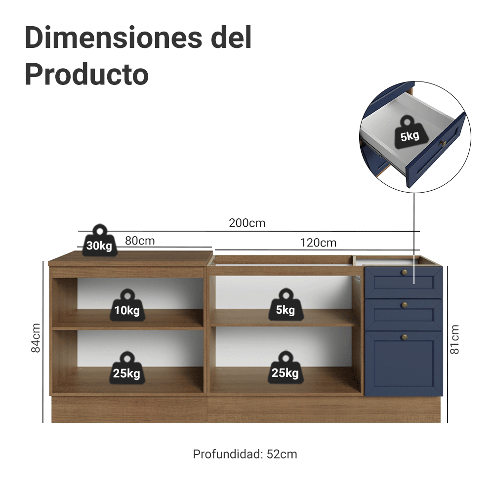 Cocina Compacta 200 cm 4 Puertas 3 Cajones Sin Mesada Marrón/Azul Vik Madesa