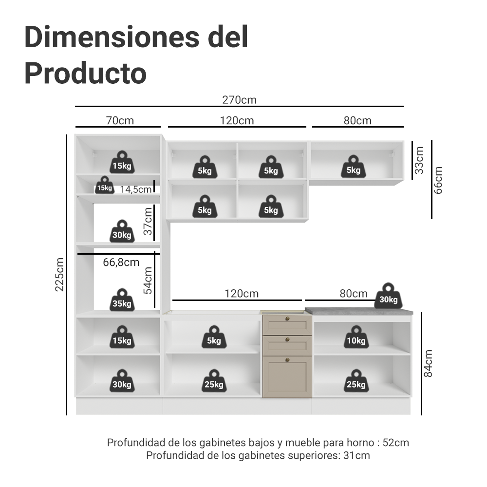 Combo completo de Cocina 270 cm Blanco/Crema Vik Madesa 01