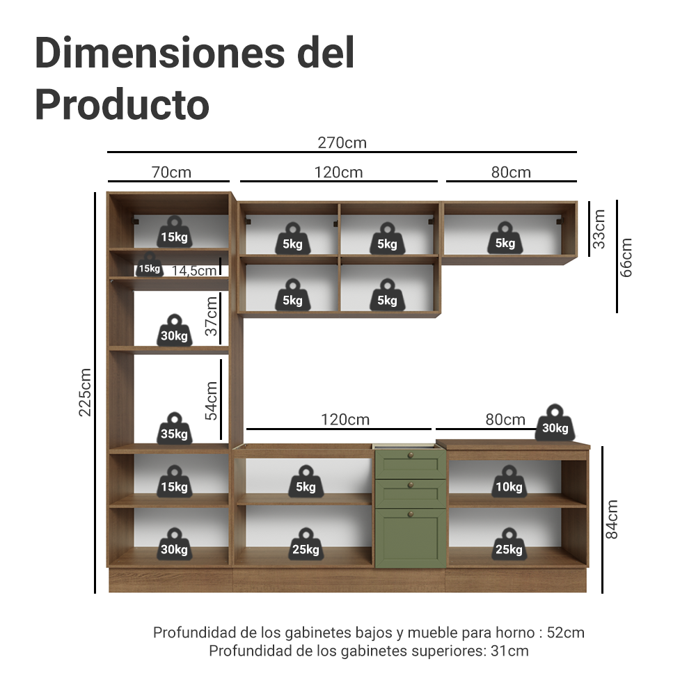 Combo de Cocina 270 cm Vik Marrón/Verde 01