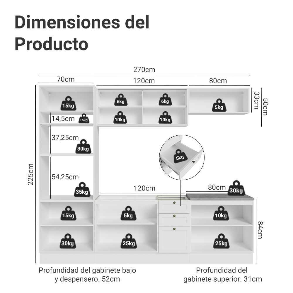 Combo completo de Cocina 270 cm 10 Puertas 3 Cajones Sin Mesada Blanco Vik Madesa 02