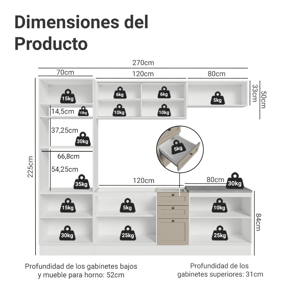 Combo completo de Cocina 270 cm Blanco/Crema Vik Madesa 02
