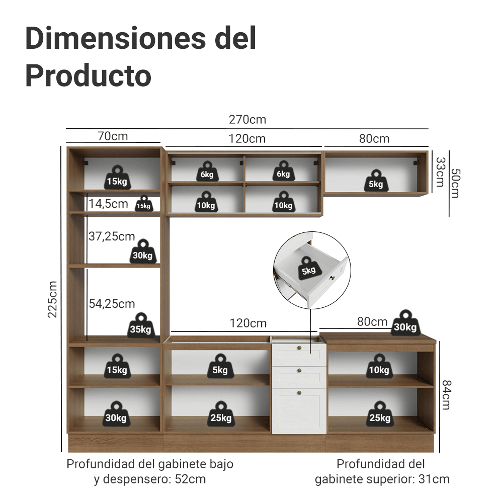 Combo de Cocina 270 cm Vik Marrón/Blanco 02
