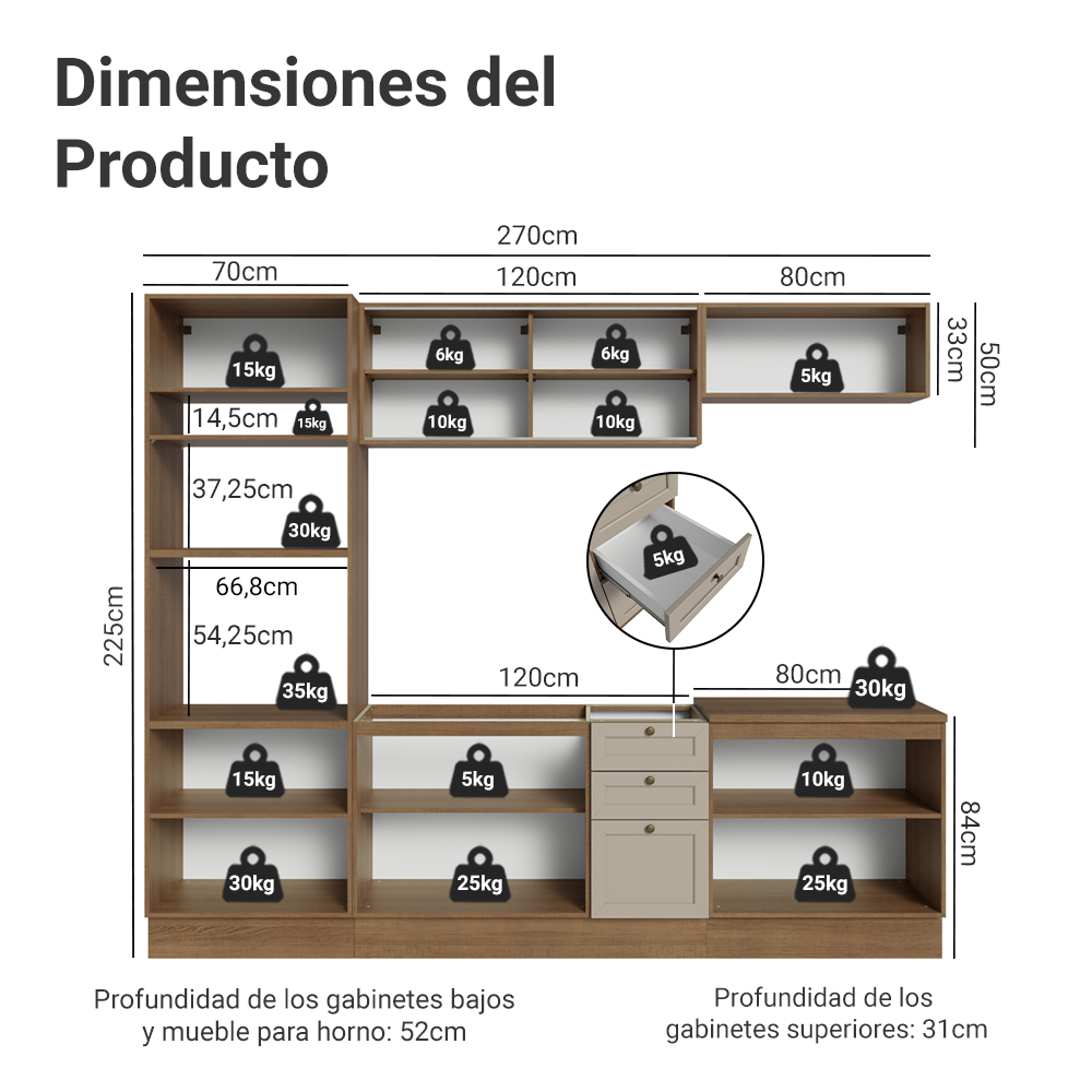 Combo completo de Cocina 270 cm 10 Puertas 3 Cajones Sin Mesada Marrón/Crema Vik Madesa 02