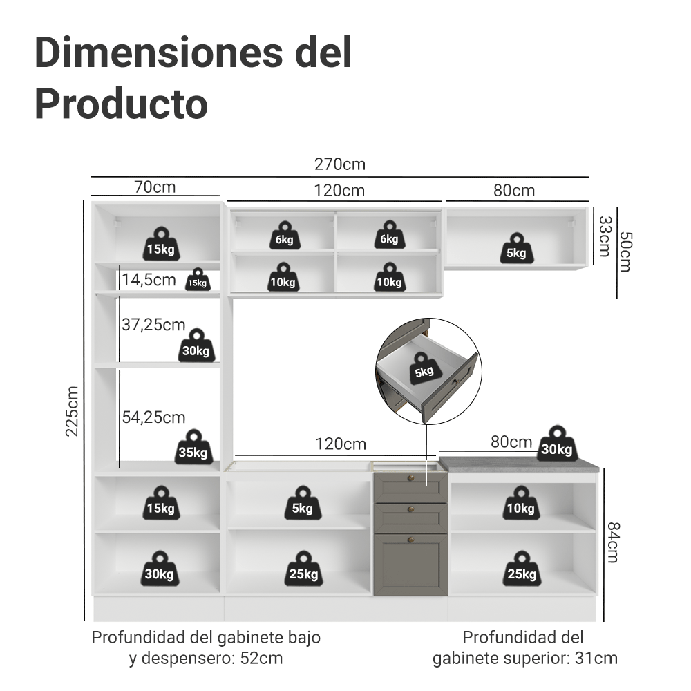 Combo completo de Cocina 270 cm 10 Puertas 3 Cajones Sin Mesada Blanco/Gris Vik Madesa 02