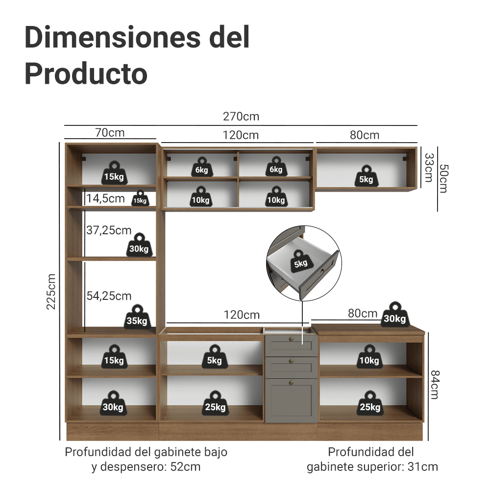 Combo de Cocina 270 cm Vik Marrón/Gris 02