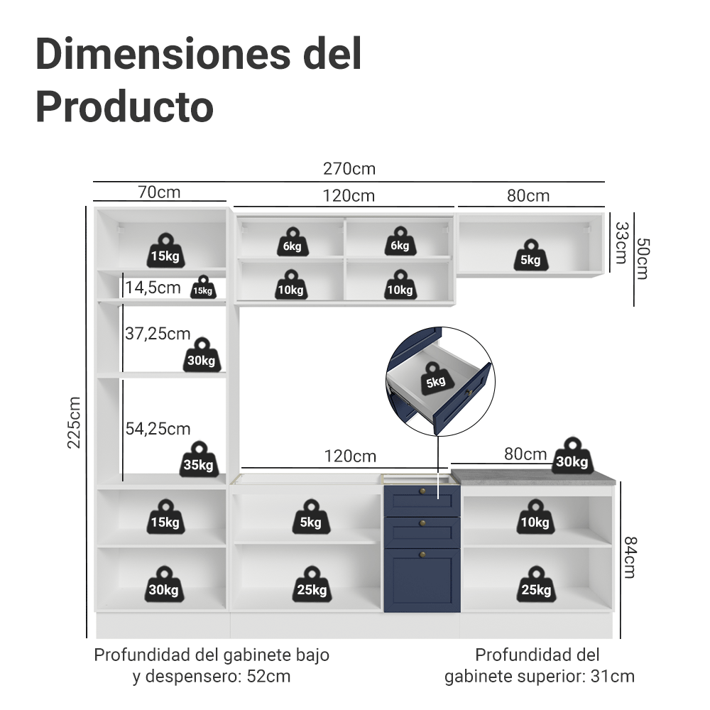 Combo completo de Cocina 270 cm 10 Puertas 3 Cajones Sin Mesada Blanco/Azul Vik Madesa 02