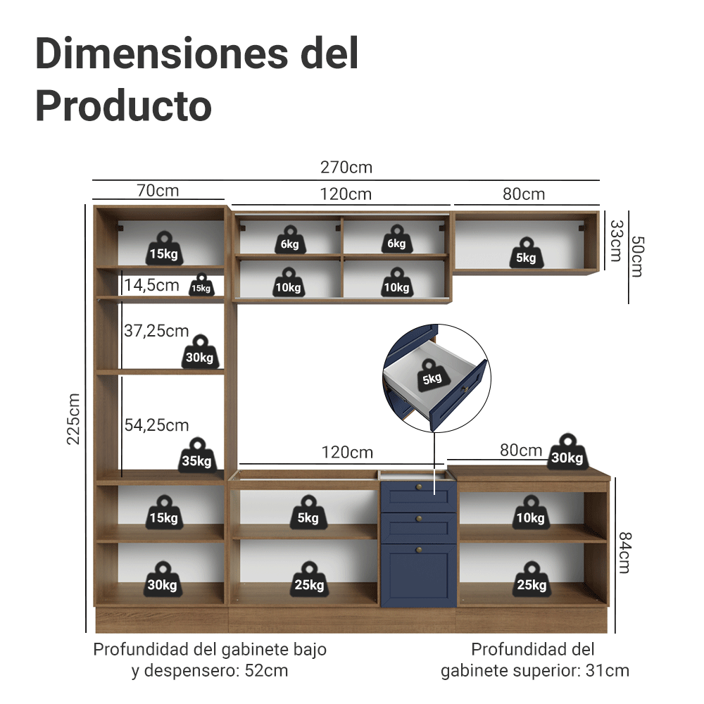 Combo de Cocina 270 cm Vik Marrón/Azul 02
