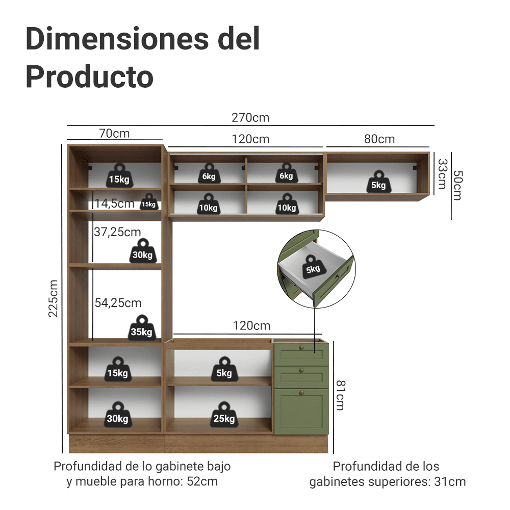 Combo de Cocina 270 cm Vik Marrón/Verde 03