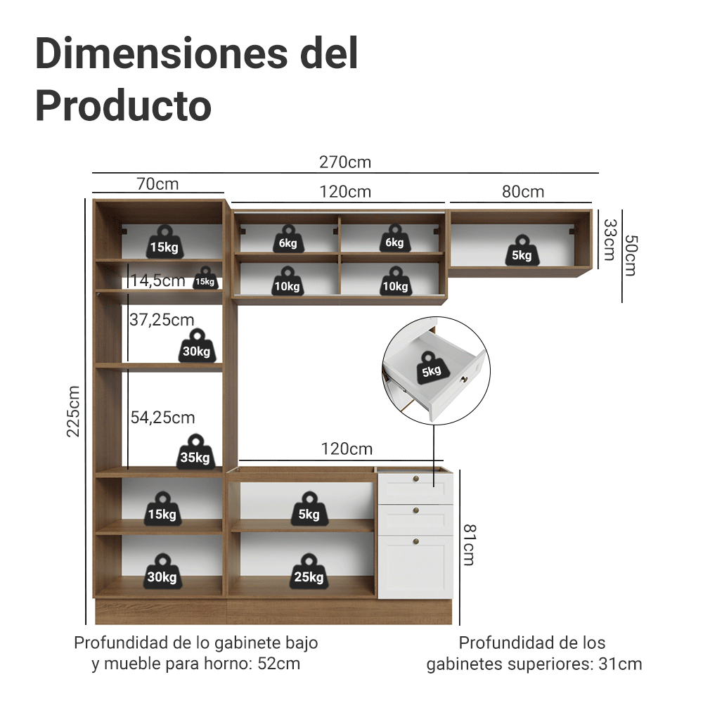 Combo de Cocina 270 cm Vik Marrón/Blanco 04