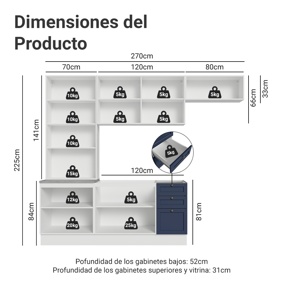 Combo completo de Cocina 270 cm Blanco/Azul Vik Madesa 05