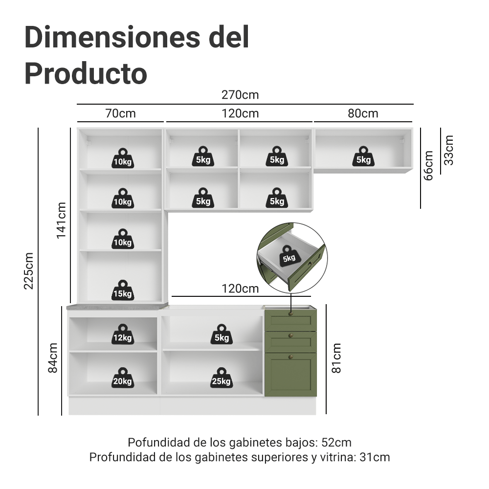Combo completo de Cocina 270 cm Blanco/Verde Vik Madesa 05