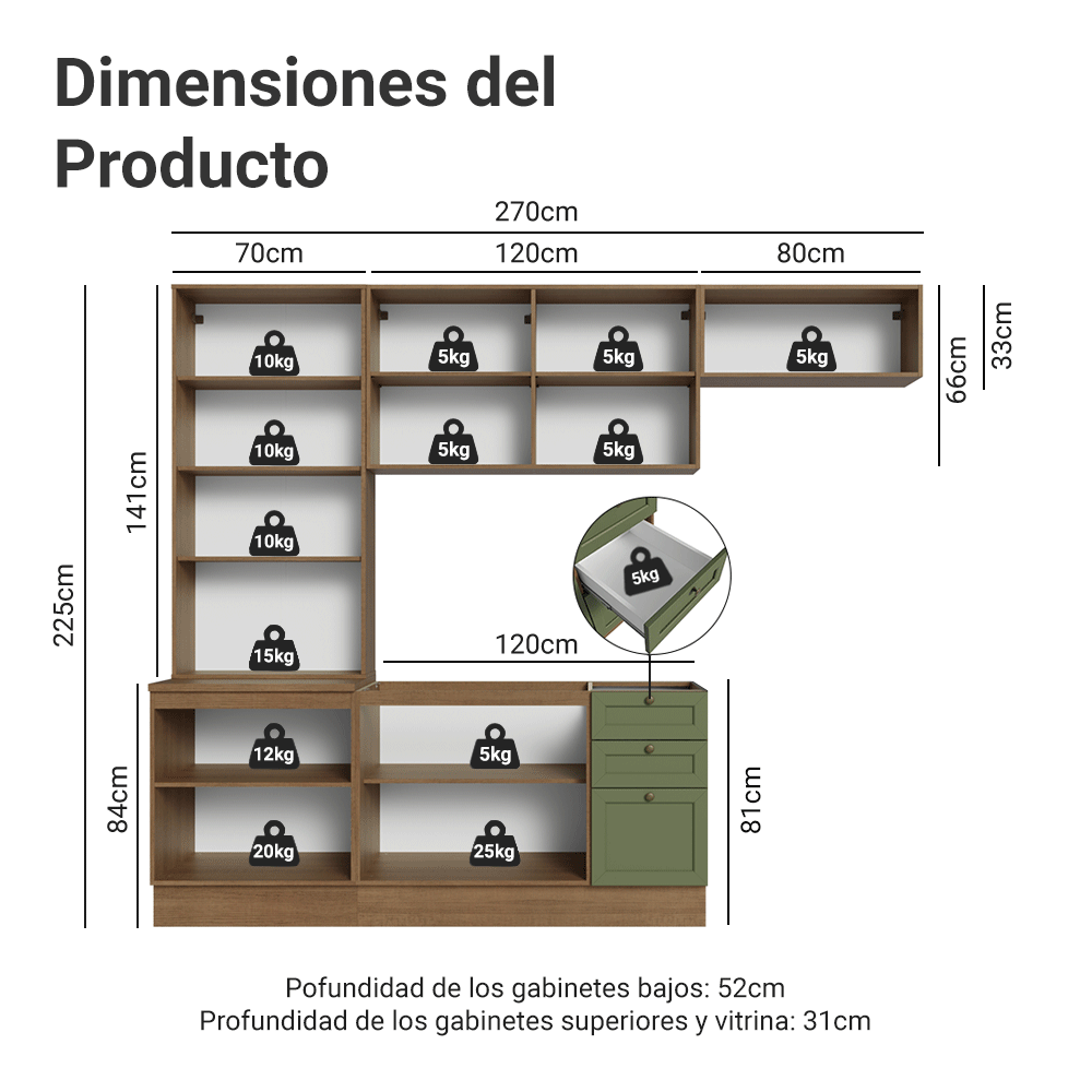 Combo completo de Cocina 270 cm Marrón/Verde Vik Madesa 05