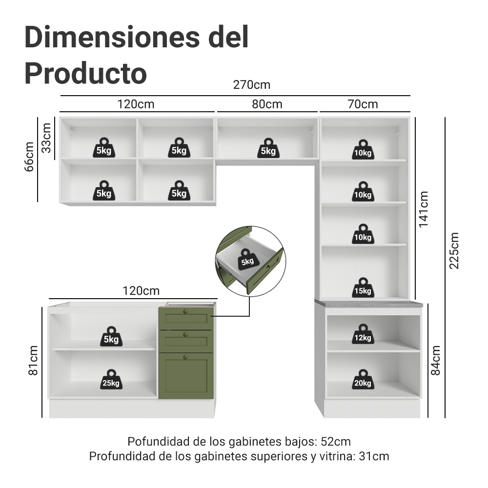 Combo completo de Cocina 270 cm Blanco/Verde Vik Madesa 06
