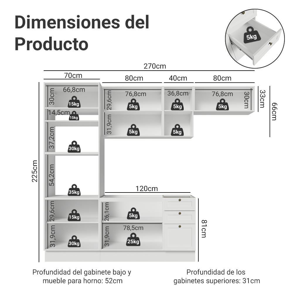 Combo completo de Cocina 270 cm Blanco Vik Madesa