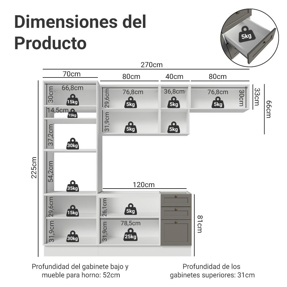 Combo completo de Cocina 270 cm Blanco/Gris Vik Madesa