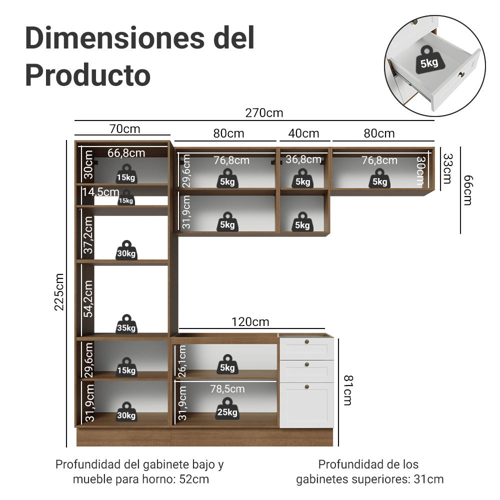 Combo completo de Cocina 270 cm Marrón/Blanco Vik Madesa