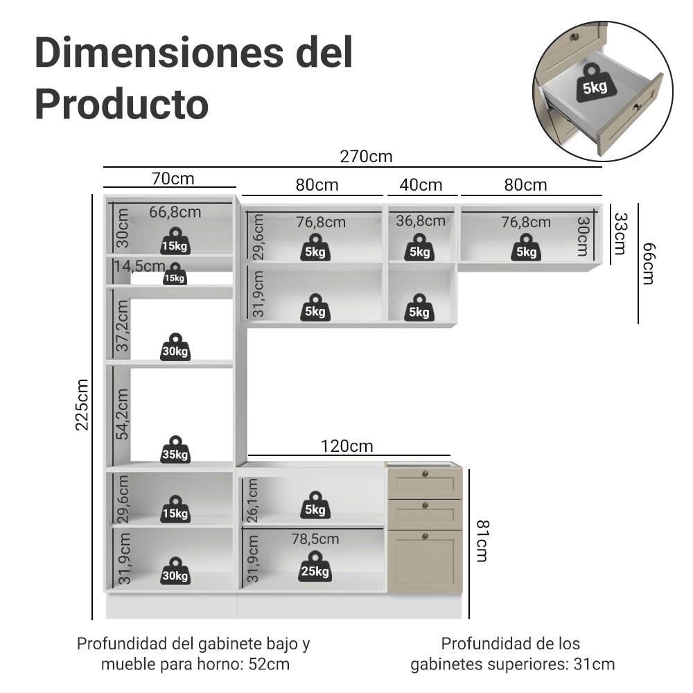 Combo completo de Cocina 270 cm Blanco/Crema Vik Madesa