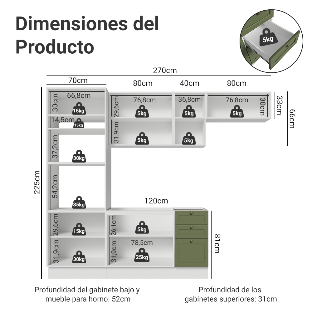 Combo completo de Cocina 270 cm Blanco/Verde Vik Madesa