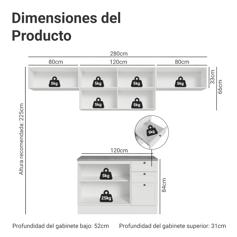 Combo completo de Cocina 280 cm 6 Puertas 3 Cajones Sin Mesada Blanco Vik Madesa