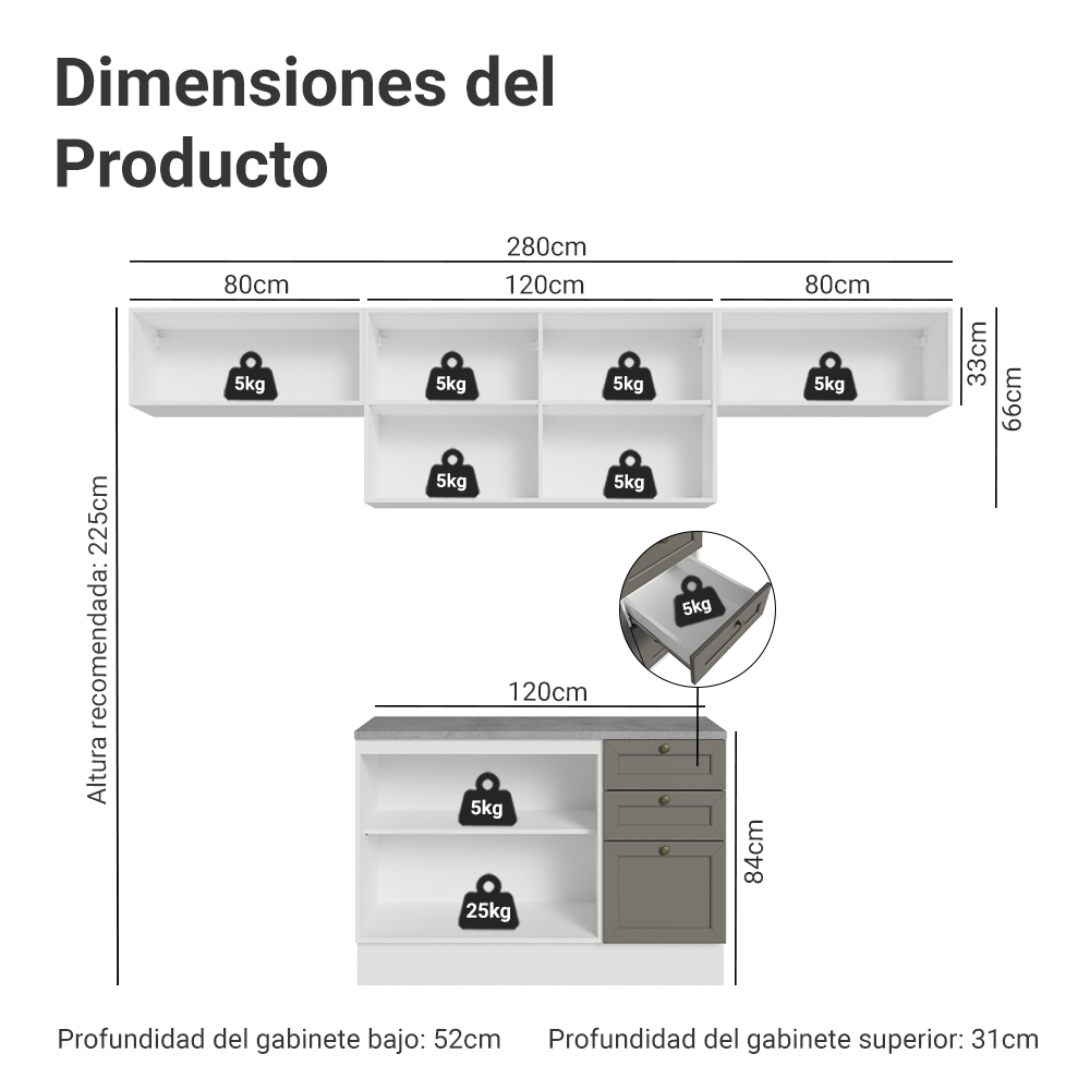 Combo completo de Cocina 280 cm 6 Puertas 3 Cajones Sin Mesada Blanco/Gris Vik Madesa