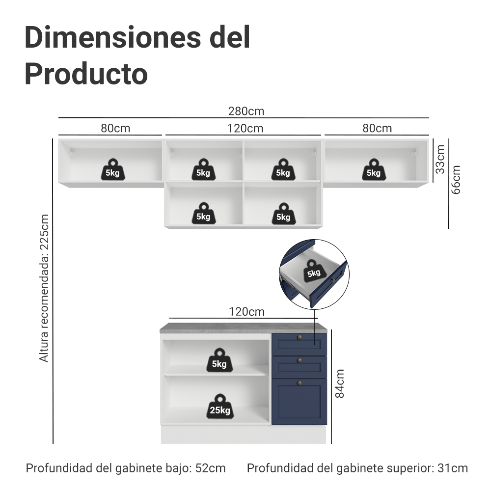 Combo completo de Cocina 280 cm 6 Puertas 3 Cajones Sin Mesada Blanco/Azul Vik Madesa