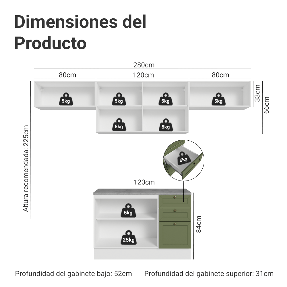 Combo completo de Cocina 280 cm 6 Puertas 3 Cajones Sin Mesada Blanco/Verde Vik Madesa