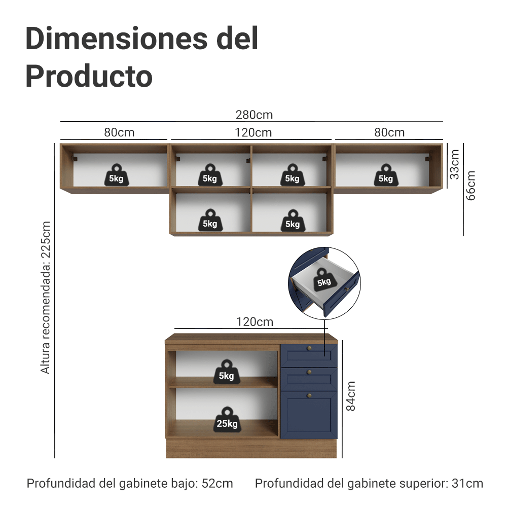 Combo de Cocina 280 cm Vik Marrón/Azul 01