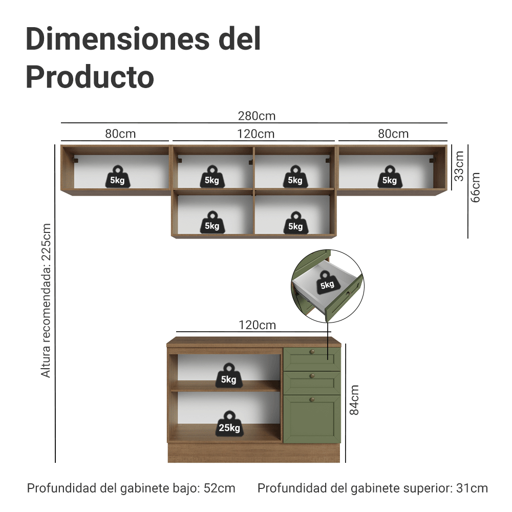 Combo completo de Cocina 280 cm 6 Puertas 3 Cajones Sin Mesada Marrón/Verde Vik Madesa