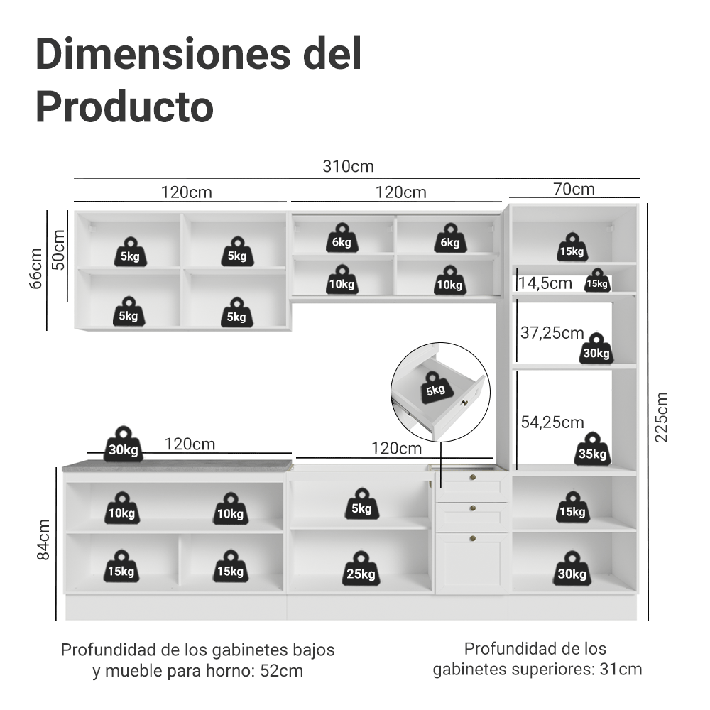 Combo completo de Cocina 310 cm 11 Puertas 3 Cajones Sin Mesada Blanco Vik Madesa