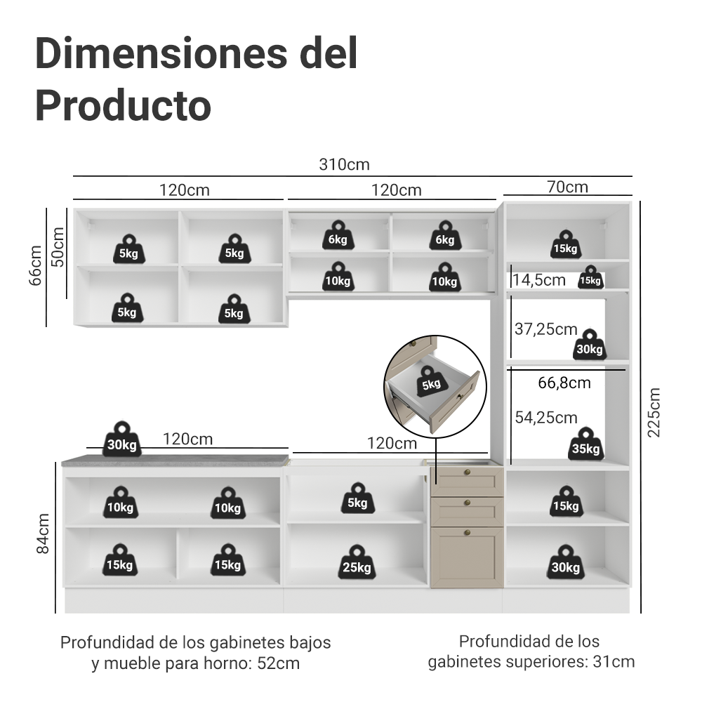Combo completo de Cocina 310 cm Blanco/Crema Vik Madesa 01