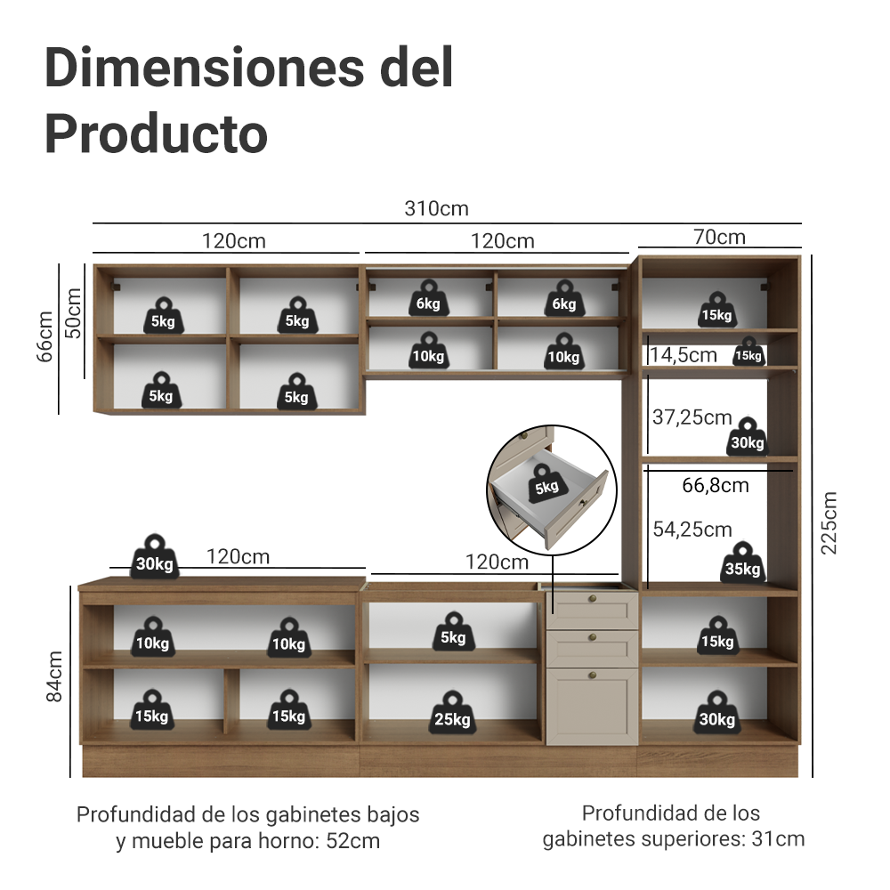 Combo completo de Cocina 310 cm 11 Puertas 3 Cajones Sin Mesada Marrón/Crema Vik Madesa